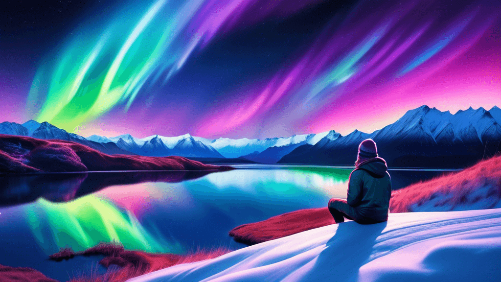An awe-inspiring scene of a photographer on a hill, under a starry sky, capturing the vibrant, swirling colors of the Southern Lights (Aurora Australis) over a picturesque New Zealand landscape, with