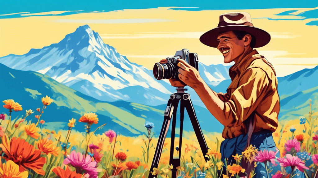 An enthusiastic photographer in a wide-brimmed hat adjusting a vintage camera on a tripod among vibrant wildflowers with a distant mountain range under a bright blue sky, encapsulating the essence of