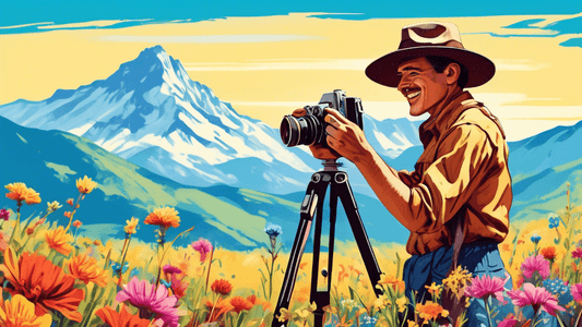 An enthusiastic photographer in a wide-brimmed hat adjusting a vintage camera on a tripod among vibrant wildflowers with a distant mountain range under a bright blue sky, encapsulating the essence of
