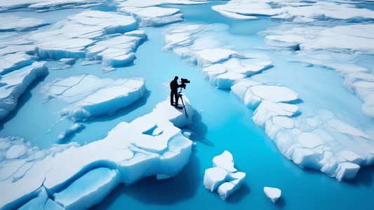 An aerial view of a photographer on a small, vibrant blue glacier platform, taking photos with a large camera, surrounded by vast melting ice and deep blue water pools under a clear sky, highlighting