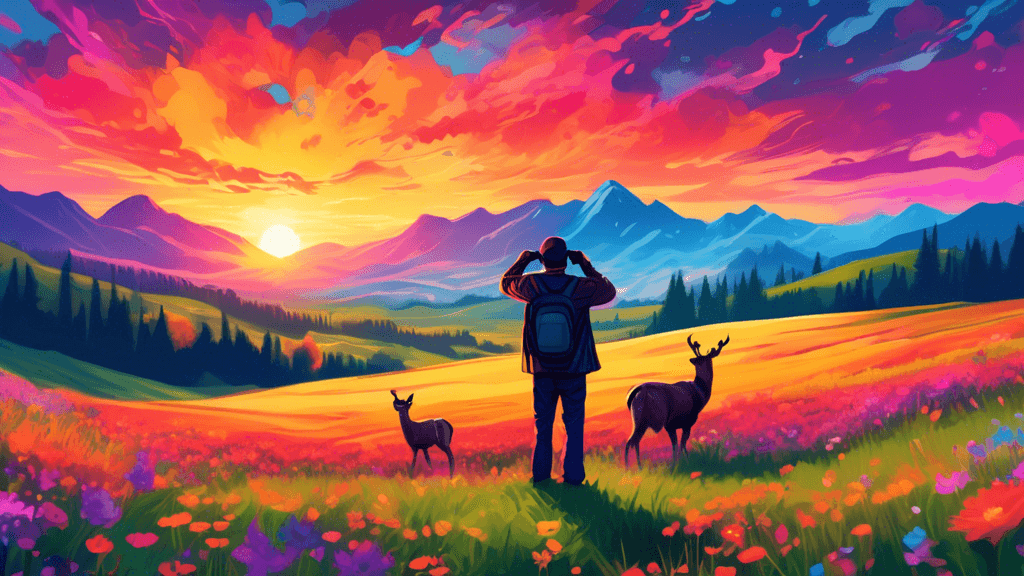 Create a digital artwork of a photographer at sunset, standing on a vast, rolling meadow dotted with wildflowers, aiming a camera at a group of deer grazing peacefully. Majestic mountains loom in the
