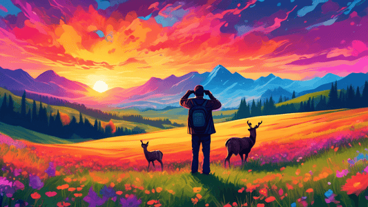 Create a digital artwork of a photographer at sunset, standing on a vast, rolling meadow dotted with wildflowers, aiming a camera at a group of deer grazing peacefully. Majestic mountains loom in the