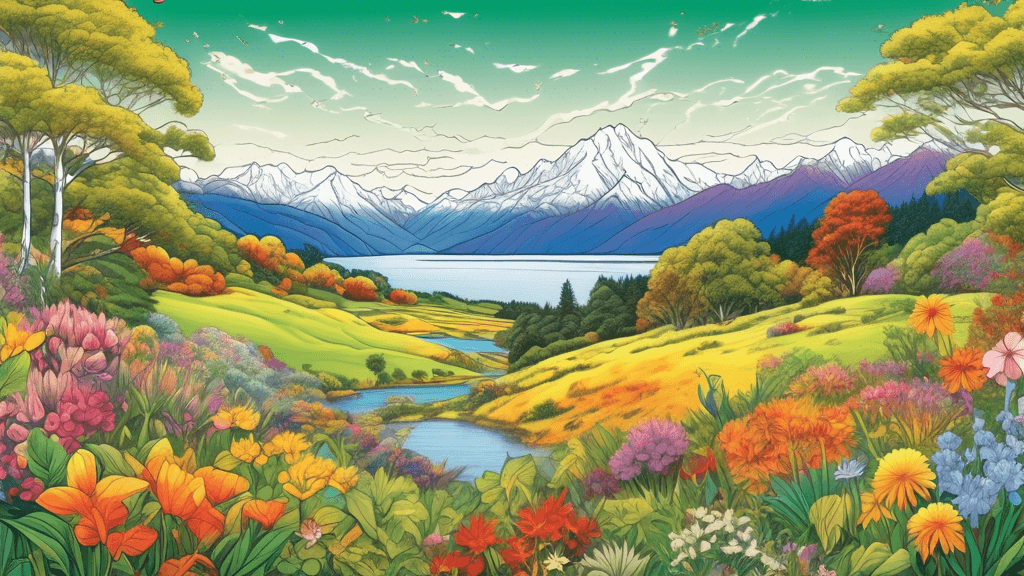 An artistic depiction of a panoramic view of New Zealand showcasing the four seasons in quadrants: vibrant spring flowers in the foreground, a lush green summer forest to the right, a colorful autumn