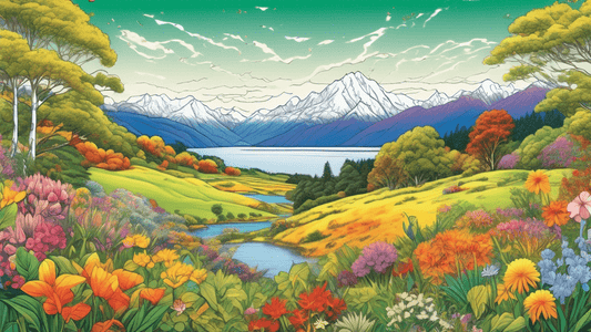 An artistic depiction of a panoramic view of New Zealand showcasing the four seasons in quadrants: vibrant spring flowers in the foreground, a lush green summer forest to the right, a colorful autumn
