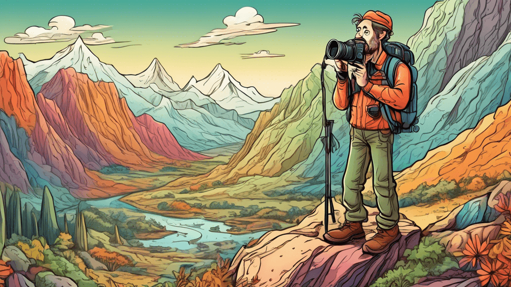 An artistically confused photographer standing in a breathtakingly beautiful but challenging mountainous landscape, unintentionally committing common photography mistakes like using the wrong lens, in