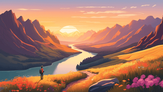 An aspiring photographer standing on a cliff during golden hour, capturing a sweeping, layered landscape with mountains in the background, a river meandering through the midground, and wildflowers in
