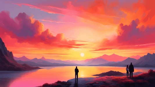 A serene landscape photograph showcasing a breathtaking sunset over a mountain range, prominently displayed in an elegant art gallery with art collectors admiring the piece, discussing its beauty and