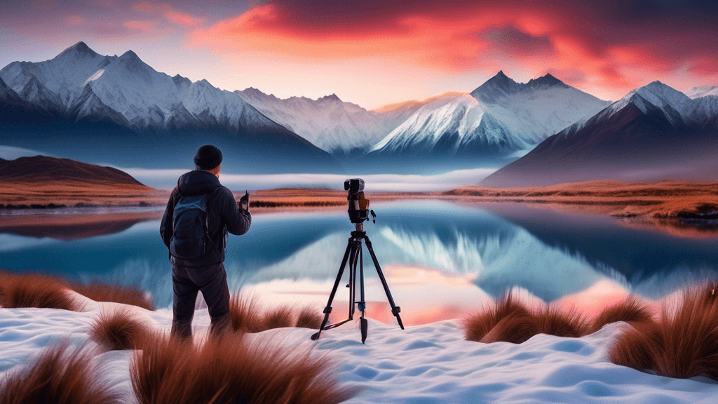 An ethereal sunrise illuminating the snowy peaks of the Southern Alps in New Zealand, with a photographer setting up a tripod and camera in the foreground, capturing the breathtaking landscape.