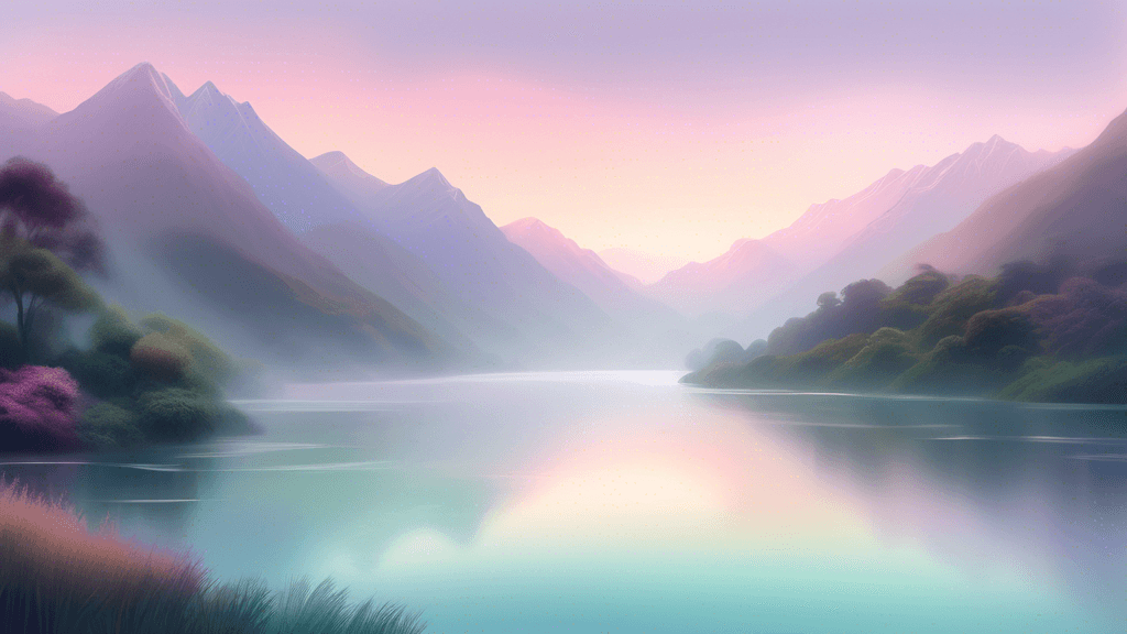 An ethereal landscape showing the first light of dawn breaking over the picturesque mountains and lush greenery of New Zealand, with soft, pastel-colored skies and mist hovering over tranquil waters,