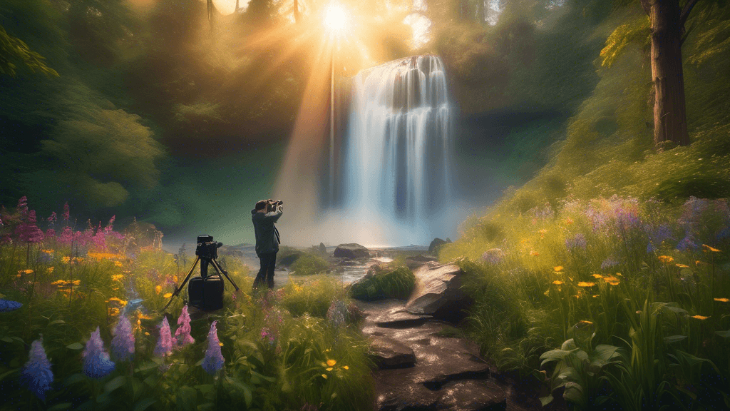 Create an ethereal landscape photograph showing a cascading waterfall with sun rays filtering through mist, surrounded by lush, green forests and vibrant wildflowers, showcasing a professional photogr