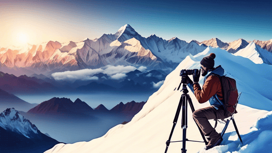 An expert photographer perched on a snowy mountain peak, adjusting a camera on a tripod, with a breathtaking panorama of the Himalayas under a clear blue sky at sunrise.