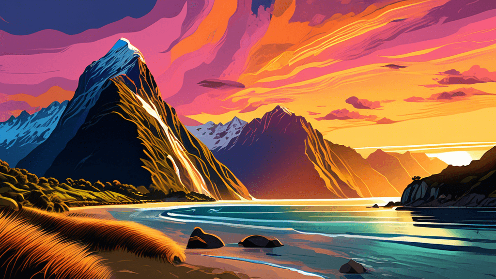 Create a stunning, vibrant digital painting showcasing a compilation of top landscape photography locations in New Zealand. The image features iconic spots such as Milford Sound, Mount Cook, and Piha