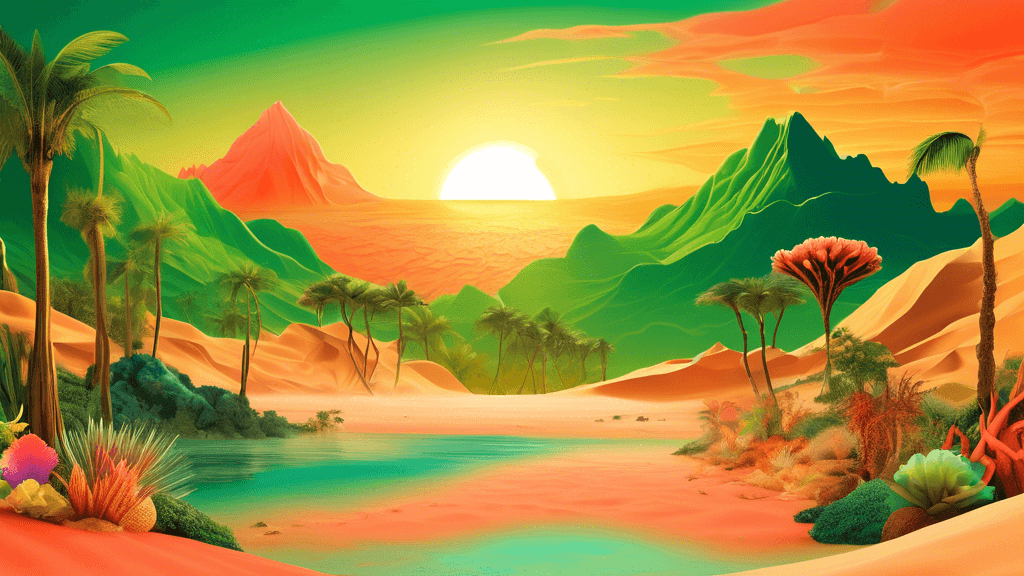 Create an artistic collage of diverse Earth landscapes featuring a lush green rainforest, a stark desert with sand dunes, icy mountain peaks, and a vibrant coral reef, all seamlessly blended into one