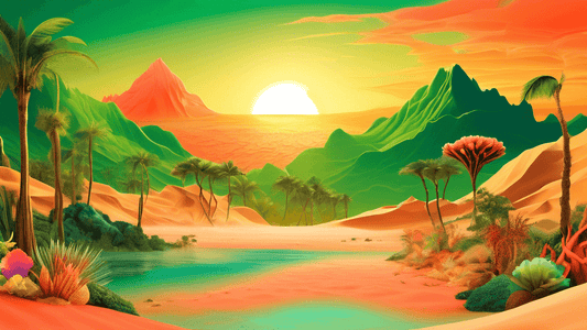 Create an artistic collage of diverse Earth landscapes featuring a lush green rainforest, a stark desert with sand dunes, icy mountain peaks, and a vibrant coral reef, all seamlessly blended into one