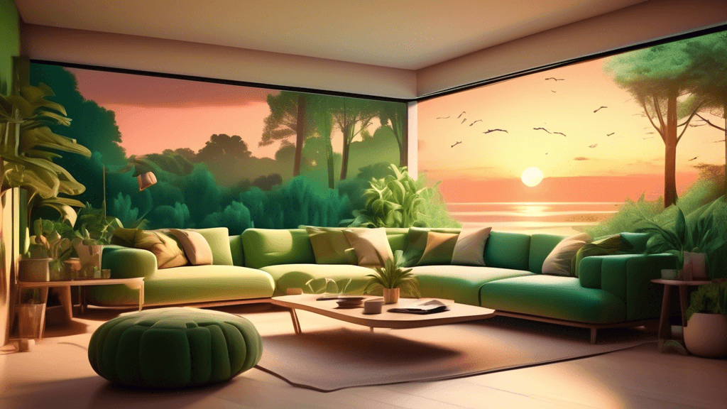 Cozy modern living room interior with large sweeping landscapes on the walls, featuring a lush green forest scene and a tranquil beach sunset, stylish furniture complementing the color palette of the