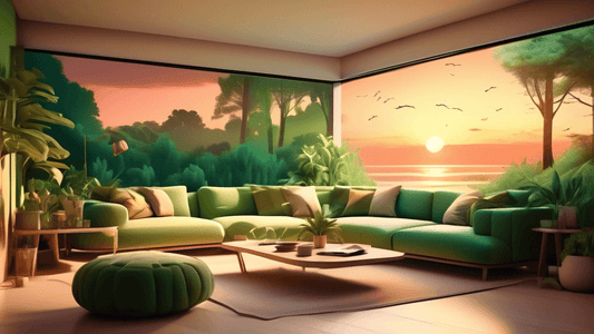 Cozy modern living room interior with large sweeping landscapes on the walls, featuring a lush green forest scene and a tranquil beach sunset, stylish furniture complementing the color palette of the