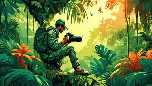 Create a digital illustration of a photographer dressed in camouflage, delicately positioned on a high branch in a lush, green, densely forested jungle. The scene should depict the photographer using