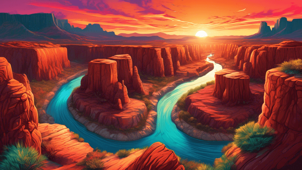 Stunning panoramic landscape of ancient rock formations under a vibrant sunset sky, showcasing a variety of colors and textures with a deep canyon and a winding river in the foreground, surrounded by