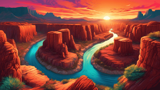 Stunning panoramic landscape of ancient rock formations under a vibrant sunset sky, showcasing a variety of colors and textures with a deep canyon and a winding river in the foreground, surrounded by