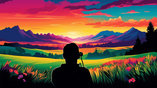 An artistic representation of a photographer, in silhouette, capturing a breathtaking landscape at sunrise, with the foreground featuring a lush, vivid meadow and the background dominated by dramatic