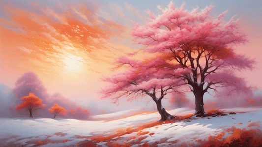 Create a serene landscape depicting several lone trees in different stages of the year: one in full, lush greenery of summer; another surrounded by the fiery colors of autumn foliage; a third adorned