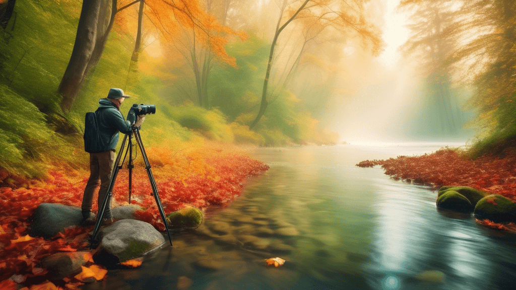 A skilled photographer in a misty, lush green forest capturing the dynamic flow of a crystal-clear river, with a tripod-mounted camera set for a long exposure, surrounded by vibrant autumn leaves and