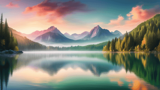 Stunning panoramic view of a tranquil mountain lake at sunrise, with mist rolling over crystal-clear waters, surrounded by lush green forests and towering peaks, reflecting the vibrant colors of the m
