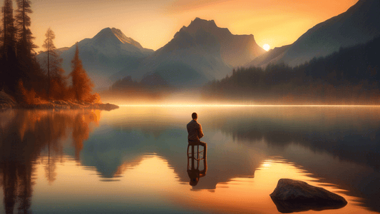 An ethereal landscape photograph depicting a serene lake at sunset, where a large, ornate mirror stands on the shore reflecting a majestic mountain range and amplifying the golden hues of the setting