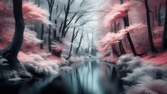 A serene landscape photograph showcasing a dense forest with long exposure in infrared, highlighting ethereal textures and ghostly white foliage against a dark sky, with a gentle river reflecting the