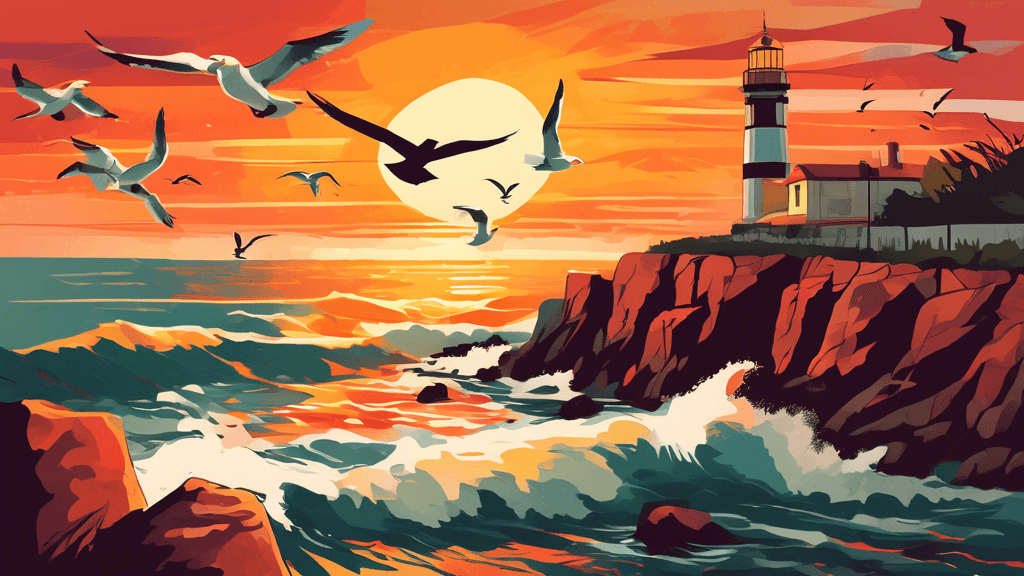 An idyllic sunset casting warm hues over a historic lighthouse perched on a rugged cliff overlooking a tranquil sea, with seagulls flying in the foreground and gentle waves lapping at the rocky shore