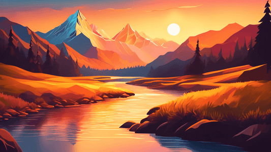 Create a digital artwork depicting a serene mountain landscape, with a clear river winding through the foreground, forming strong leading lines that guide the viewer's eye towards a distant, majestic