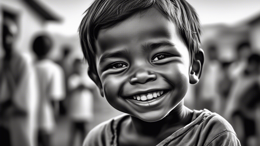 A powerful monochrome image of a photographer, with a compassionate expression, capturing the heartfelt smile of a child in an underprivileged community, complete with the background blurred slightly