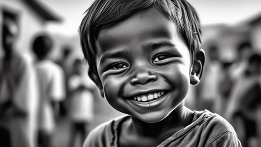 A powerful monochrome image of a photographer, with a compassionate expression, capturing the heartfelt smile of a child in an underprivileged community, complete with the background blurred slightly