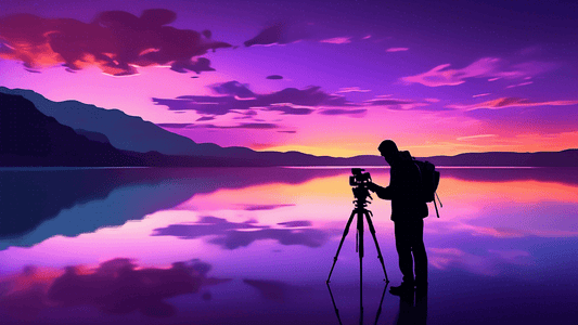 An expert photographer adjusting a high-end camera on a tripod overlooking a serene lake during twilight, capturing the vibrant hues of purple and orange in the sky, with gentle wisps of clouds and a