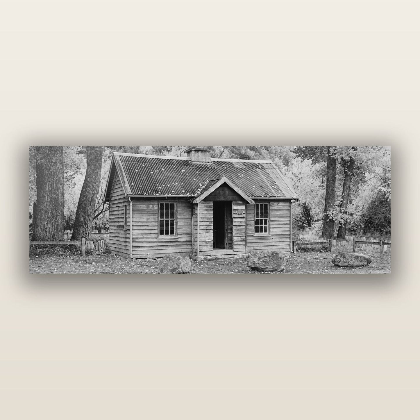 Law and Order, Arrowtown, black and white frameless acrylic glass print. New Zealand fine art photography by Stephen Milner.