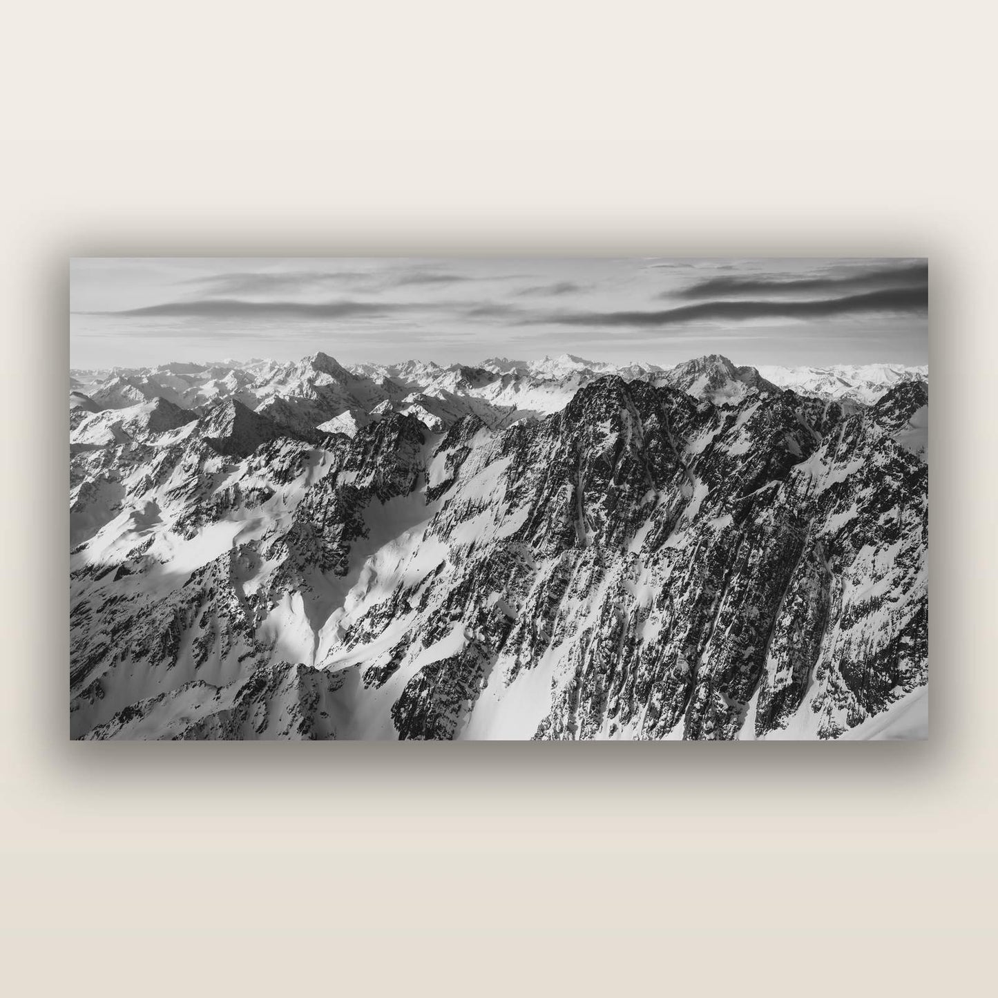 Endless Ranges, Southern Alps — black and white frameless acrylic glass print. New Zealand fine art photography by Stephen Milner.