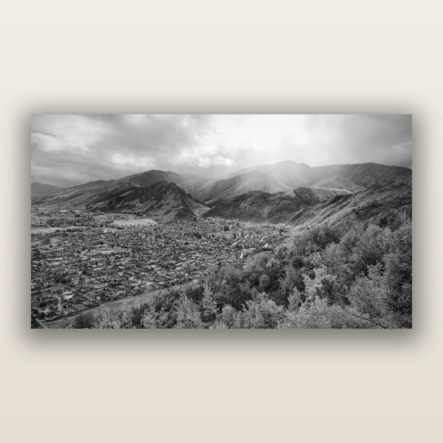 Light Over the Valley, Arrowtown, black and white frameless acrylic glass print. New Zealand fine art photography by Stephen Milner.