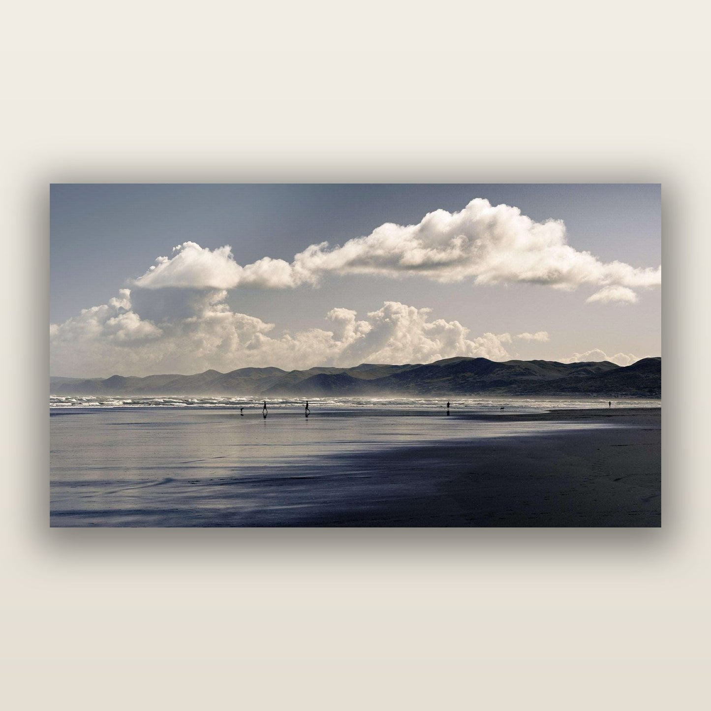 Walking the Black Sands, Raglan — frameless acrylic glass print. New Zealand fine art landscape photography by Stephen Milner.