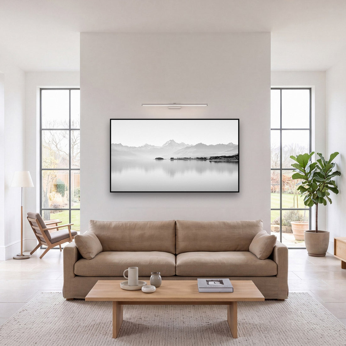 Large black and white fine art print of Aoraki Mount Cook by Stephen Milner, shown in a styled interior