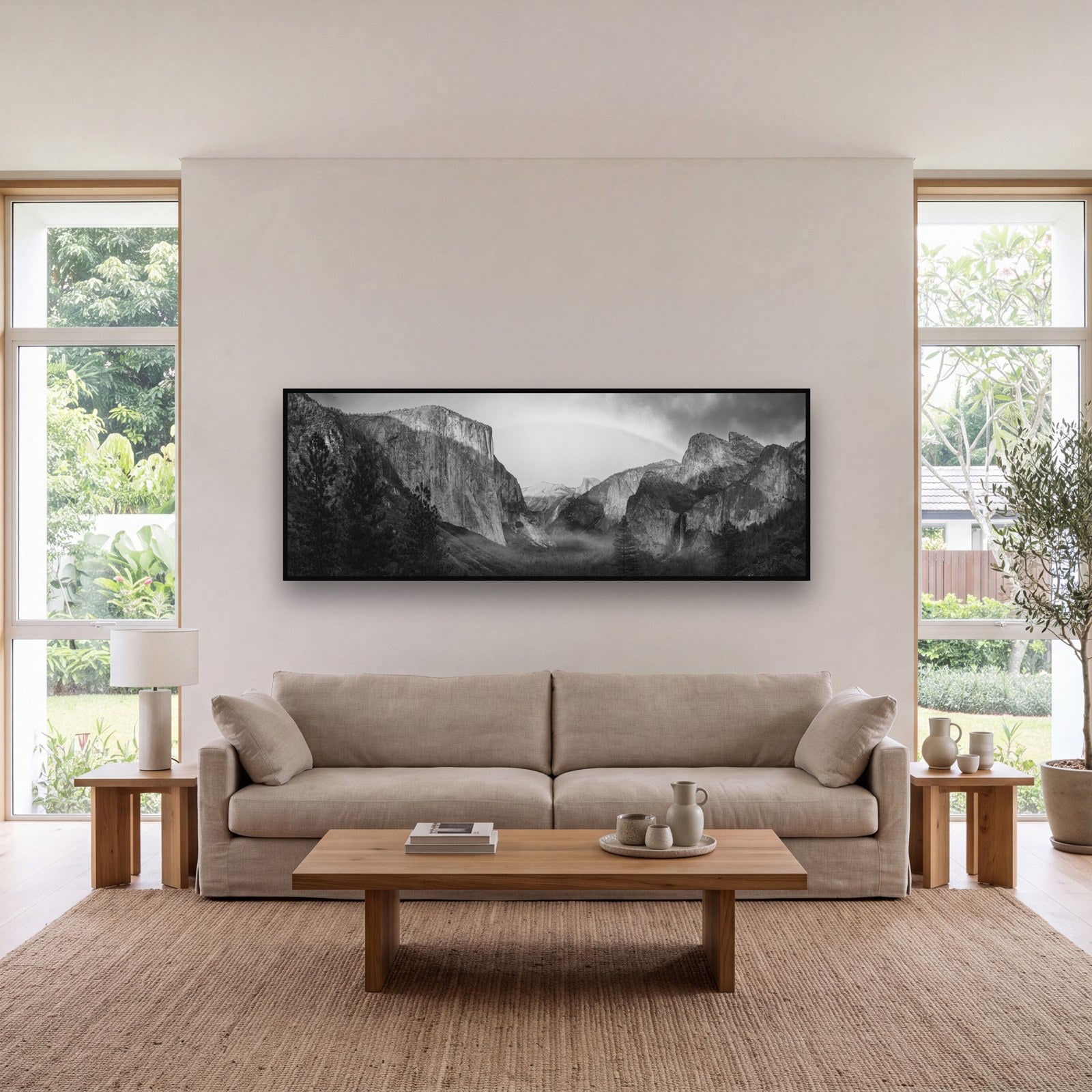 Large black and white fine art print of Yosemite by Stephen Milner, shown in a styled interior