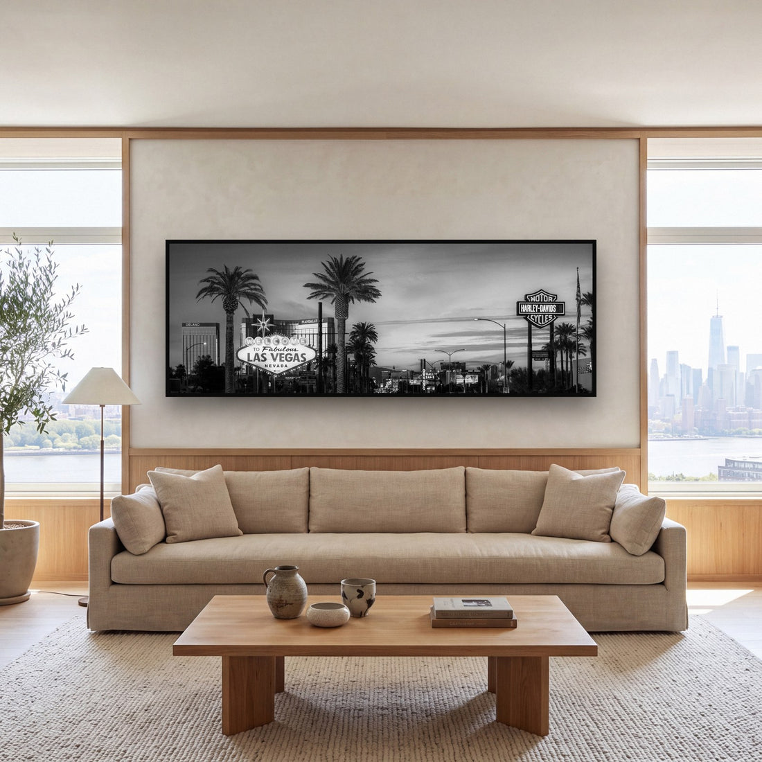 Large black and white fine art print of the American Southwest desert by Stephen Milner, shown in a styled interior