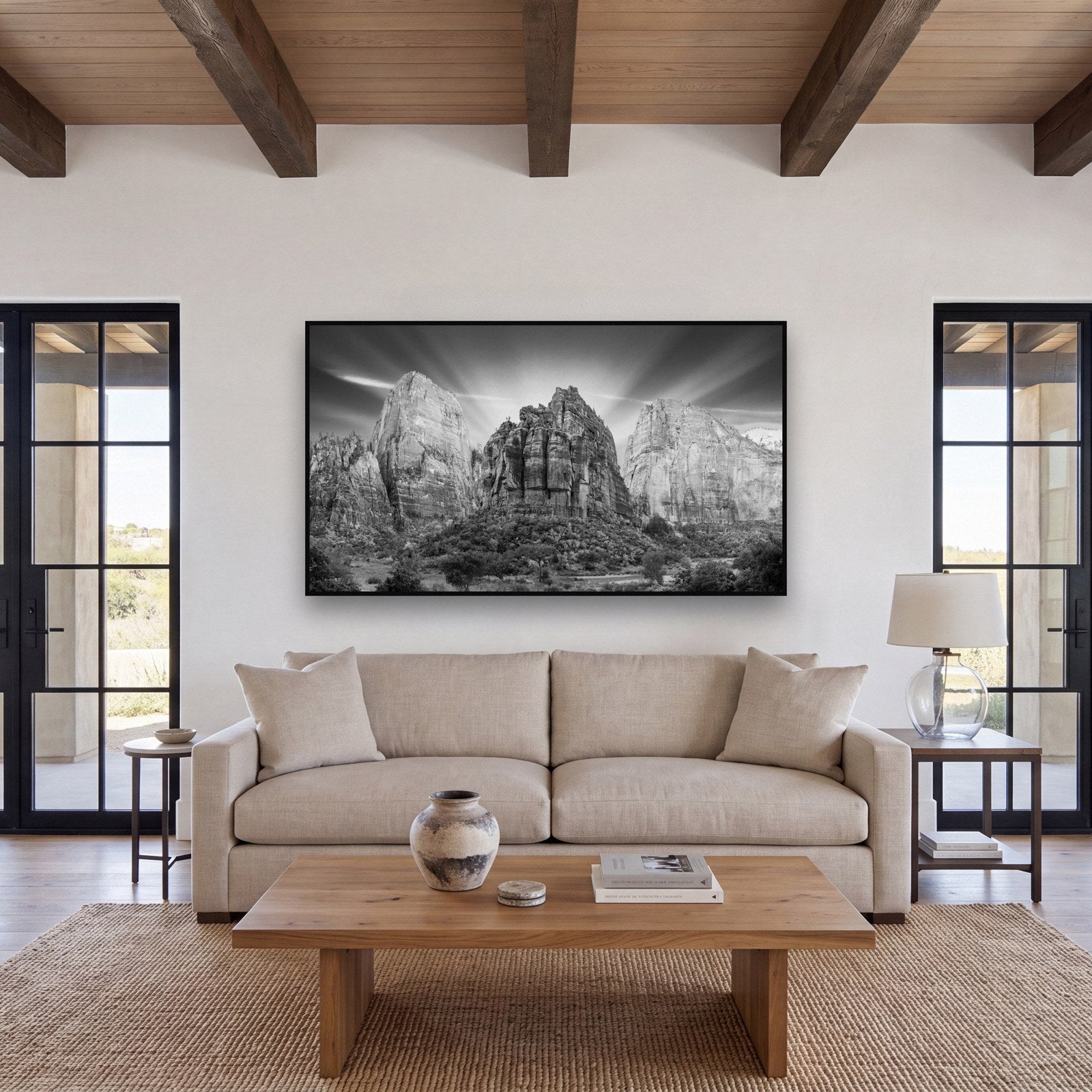 Large black and white fine art print of Zion at sunrise by Stephen Milner, shown in a styled interior
