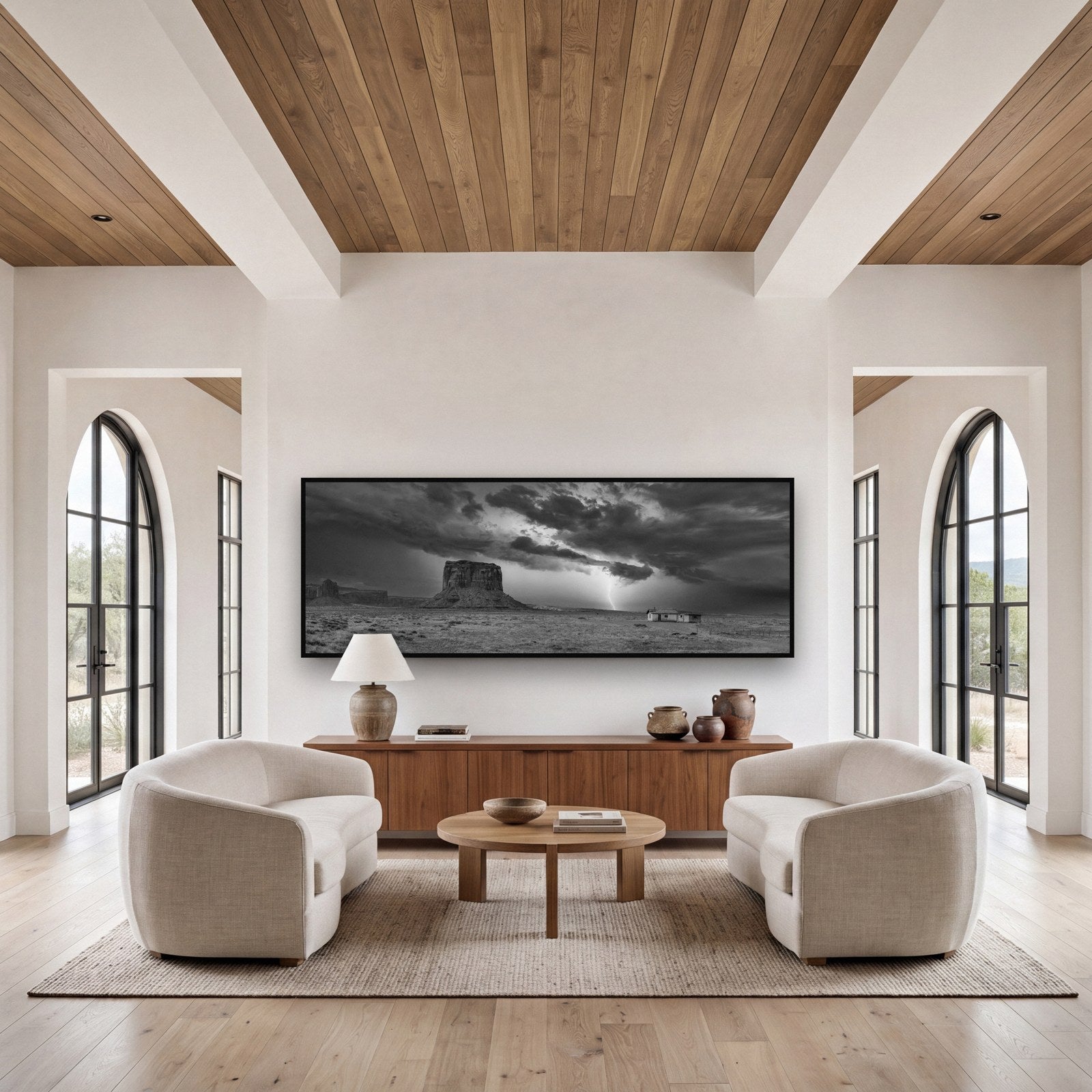 Large black and white fine art print of a dramatic mountain sky by Stephen Milner, shown in a styled interior
