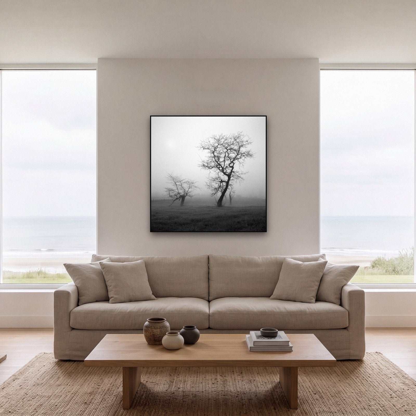 Large black and white fine art print of a lone tree by Stephen Milner, shown in a styled interior