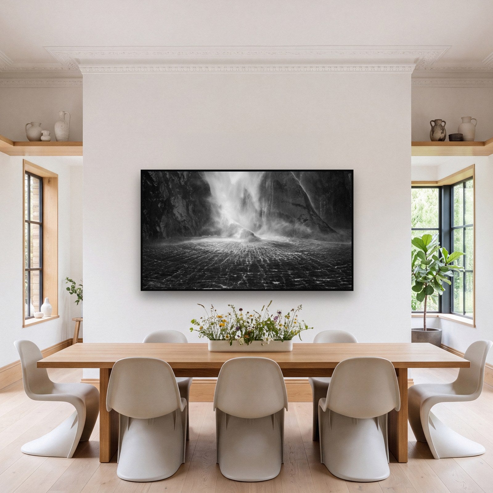 Large black and white fine art print of Stirling Falls, Milford Sound by Stephen Milner, shown in a styled interior