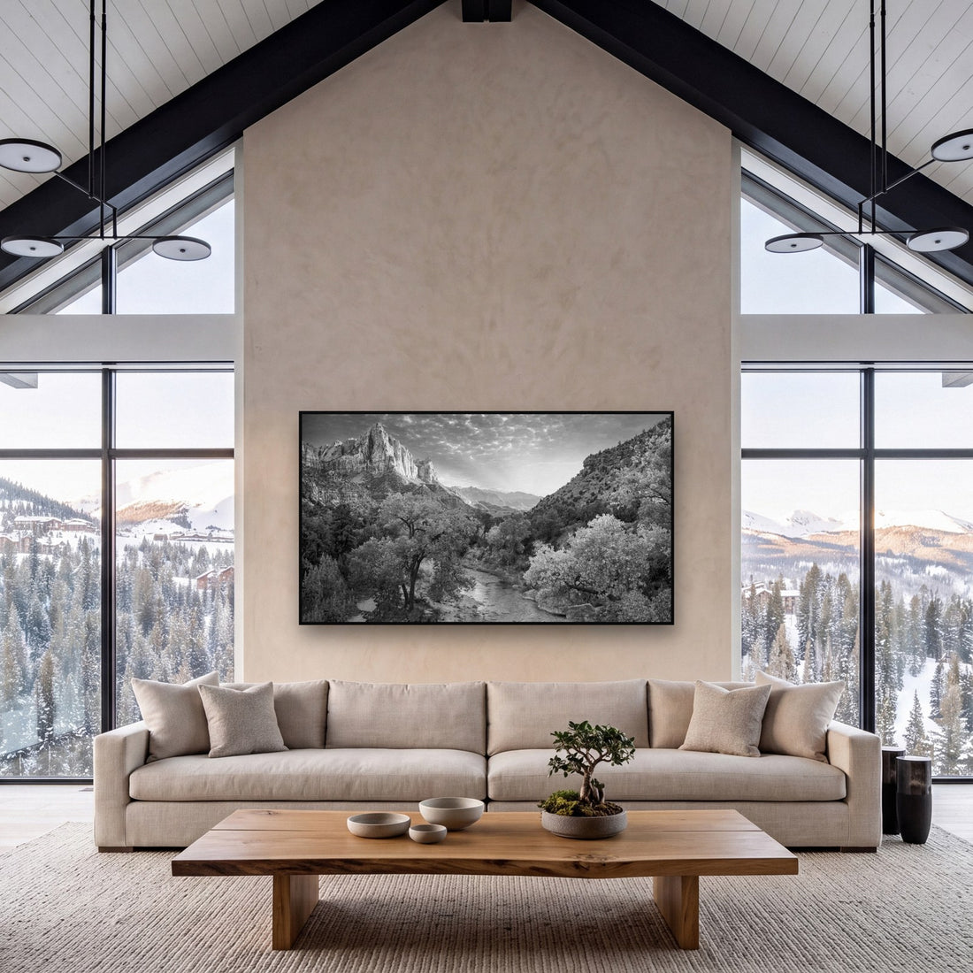 Large black and white fine art print of an autumn mountain landscape by Stephen Milner, shown in a styled interior