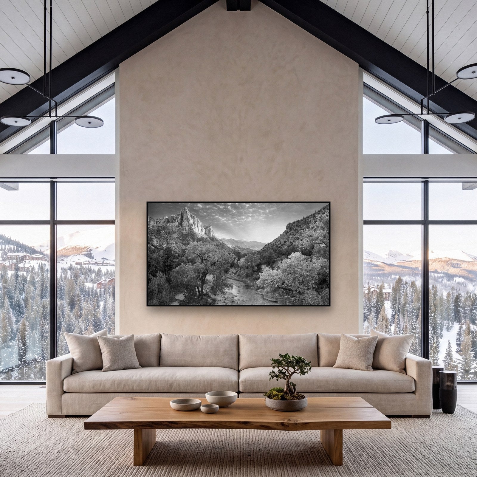 Large black and white fine art print of an autumn mountain landscape by Stephen Milner, shown in a styled interior