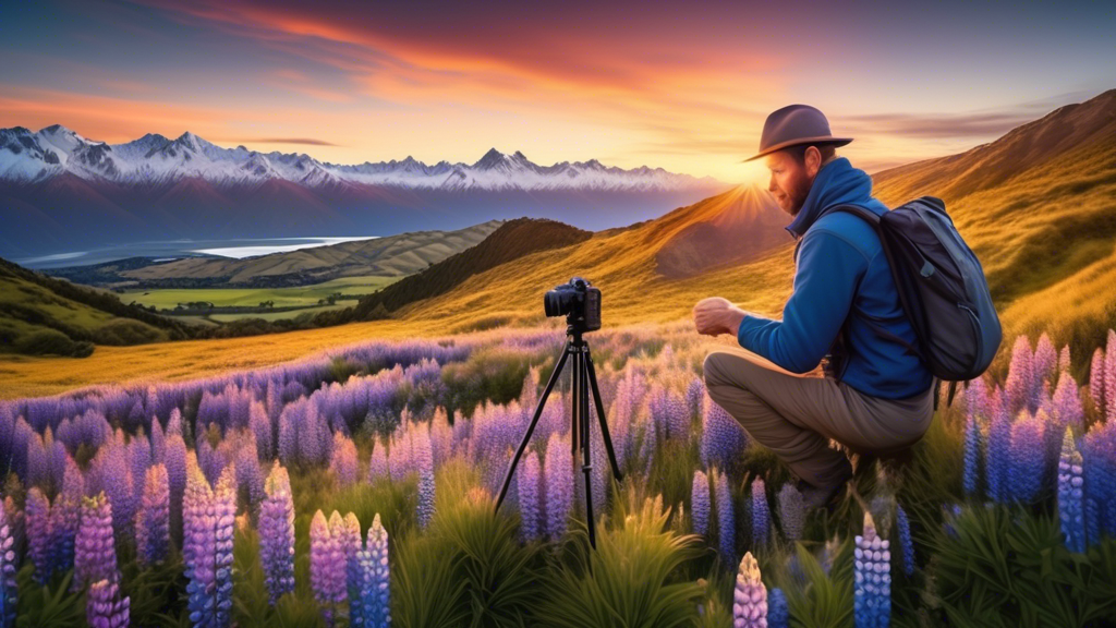 Create an image featuring Stephen Milner in action, photographing a breathtaking panoramic view of the Southern Alps in New Zealand during golden hour, with his camera on a tripod and surrounded by wi