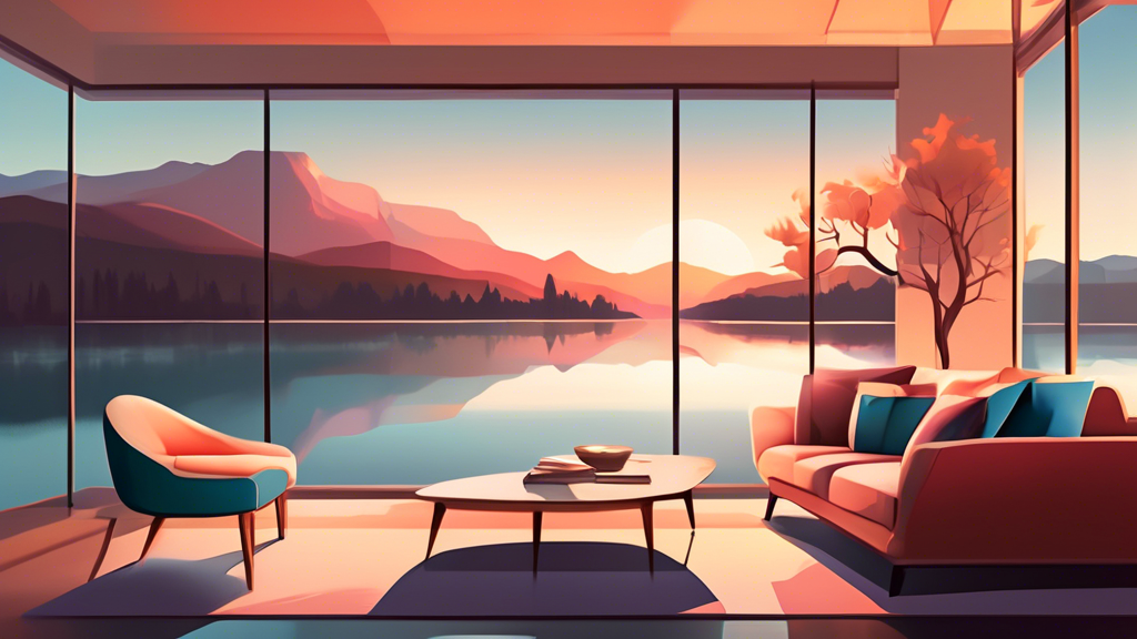 Create a cozy, sophisticated living room featuring large wall art of a serene lake at sunset, with shadows of mountains in the background and a reflection in the water, complemented by modern furnitur