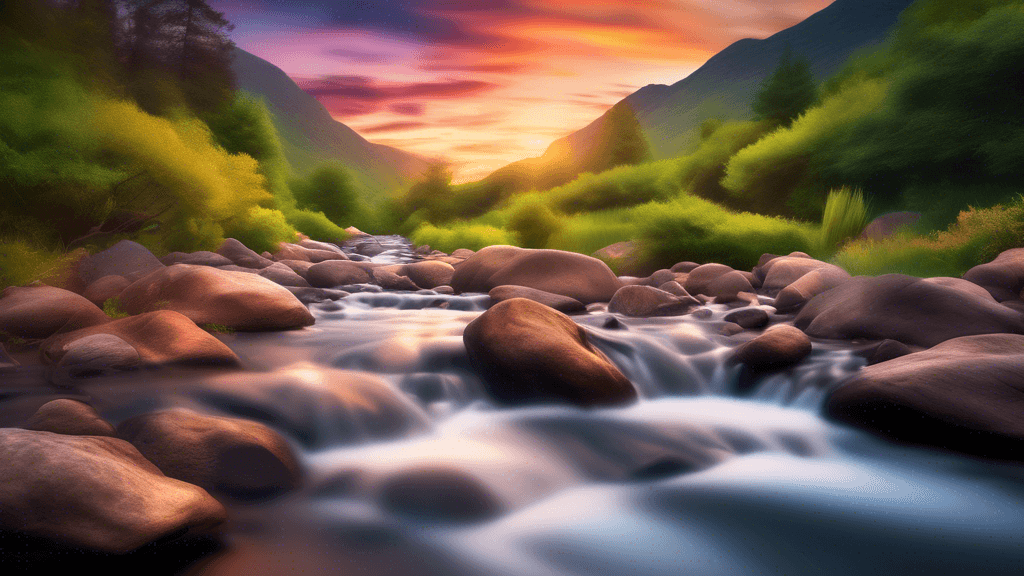 An artistic, serene landscape showcasing a mountain stream with exceptionally silky water flowing over rocks, captured using long exposure photography, set during golden hour with vibrant colors in th